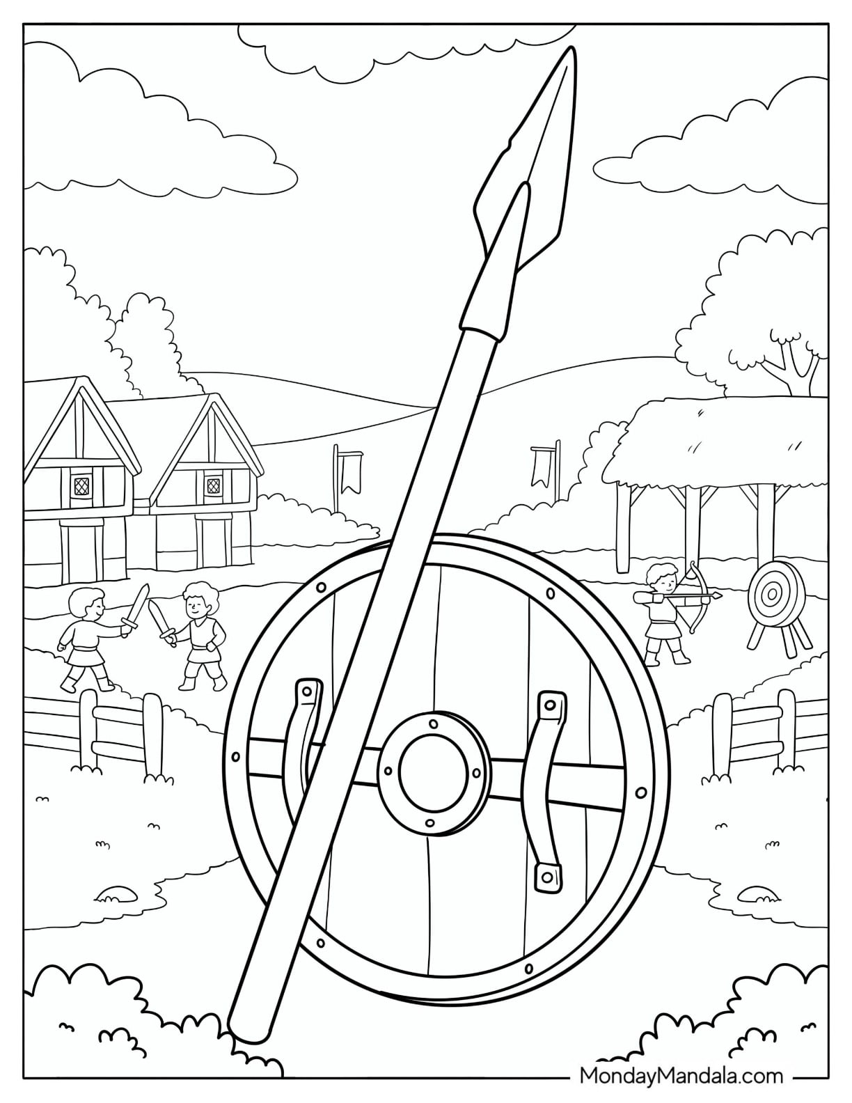 Viking Shield and Spear in a Viking Village Coloring Page