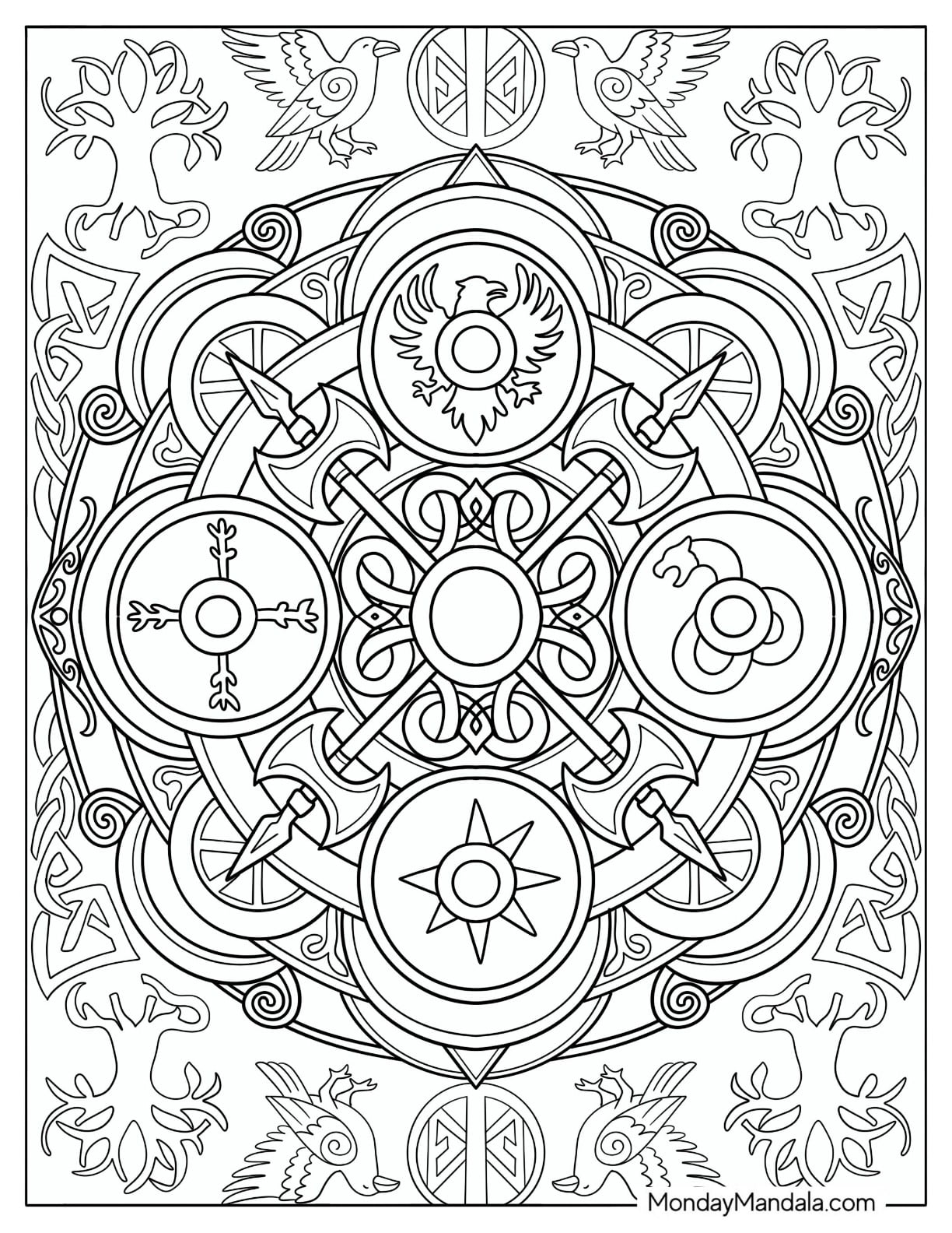 Viking Shield with Norse Knotwork, Ravens, and Nordic Symbols Coloring Page