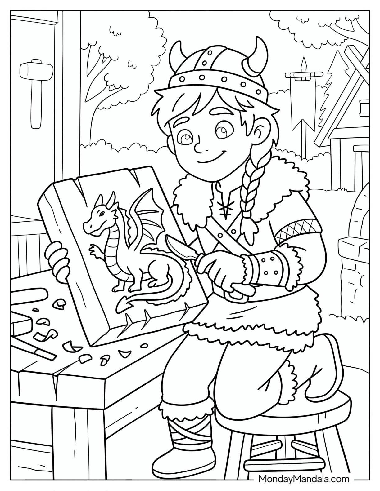 Viking Warrior Carving a Dragon Design into Wood Coloring Page for Kids