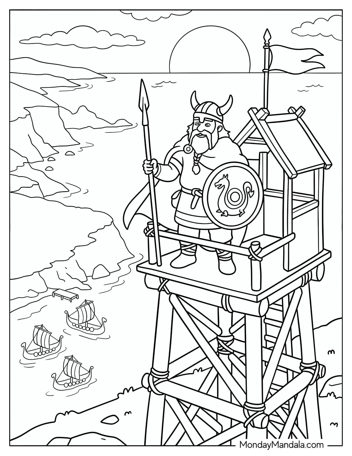 Viking Warrior Standing on a Wooden Watchtower with Shields, Spears, and Viking Ships Coloring Page