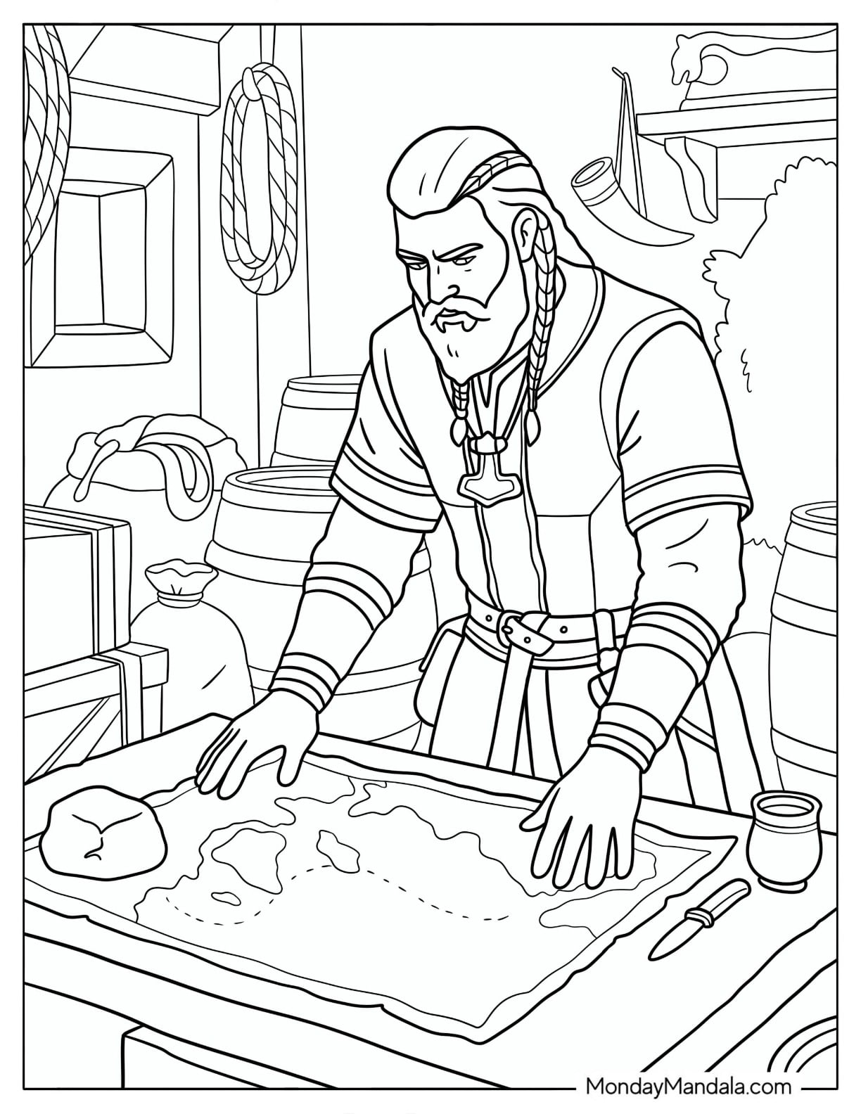 Viking Warrior Studying a Map at a Wooden Table Coloring Page