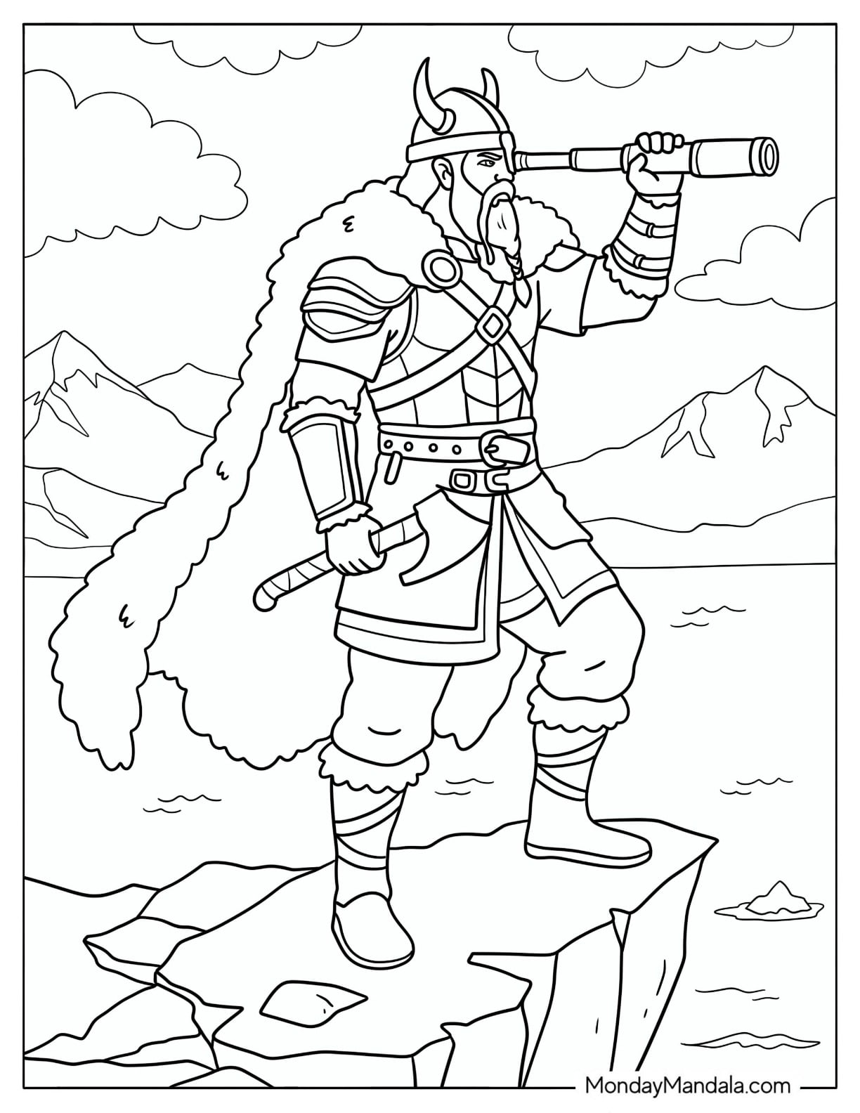 Viking Warrior Using a Spyglass on a Mountain Cliff Coloring Page