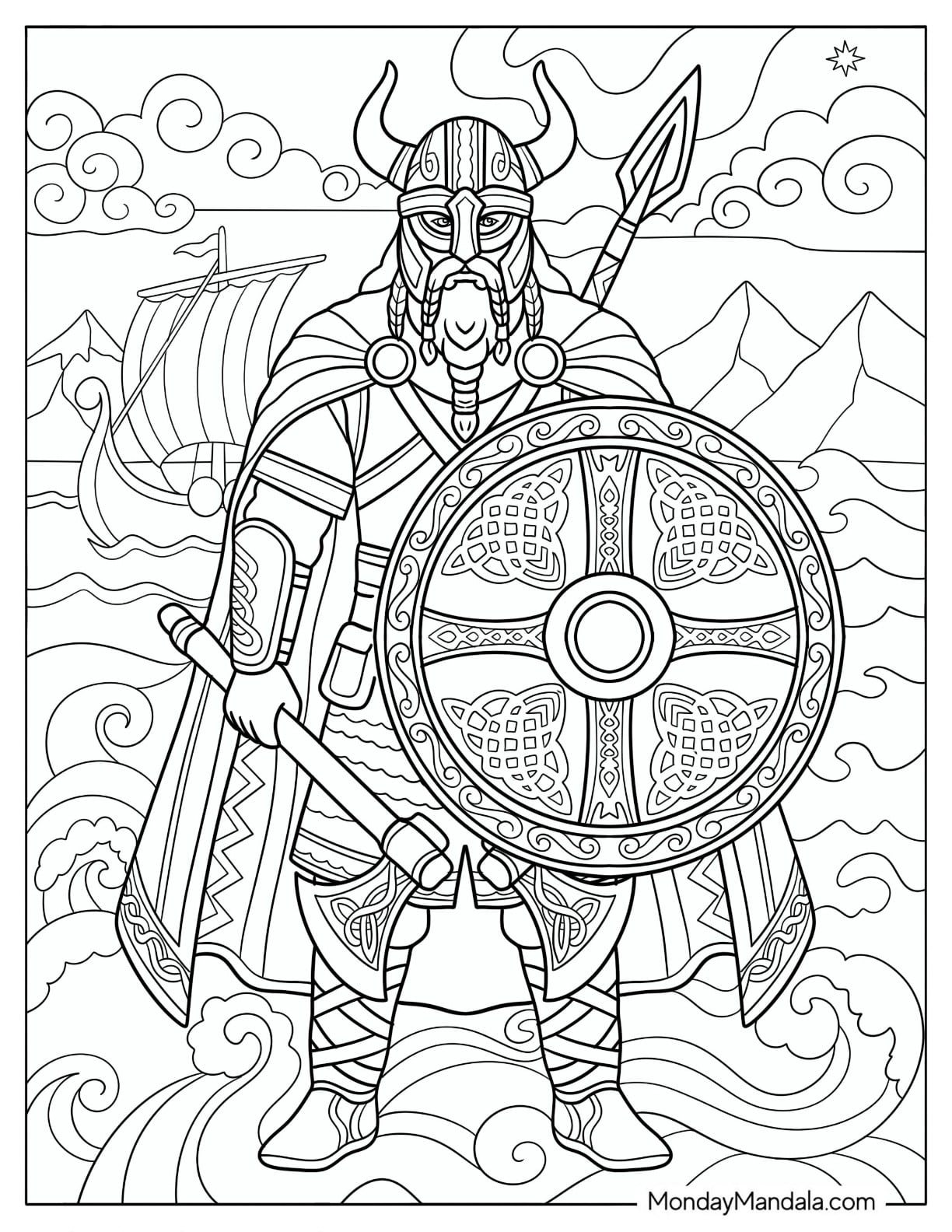 Viking Warrior with Ornate Shield, Spear, and Longship Coloring Page