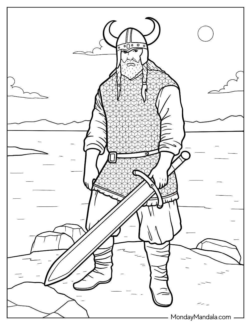 Viking Coloring Page With A Large Sword Standing On A Cliff