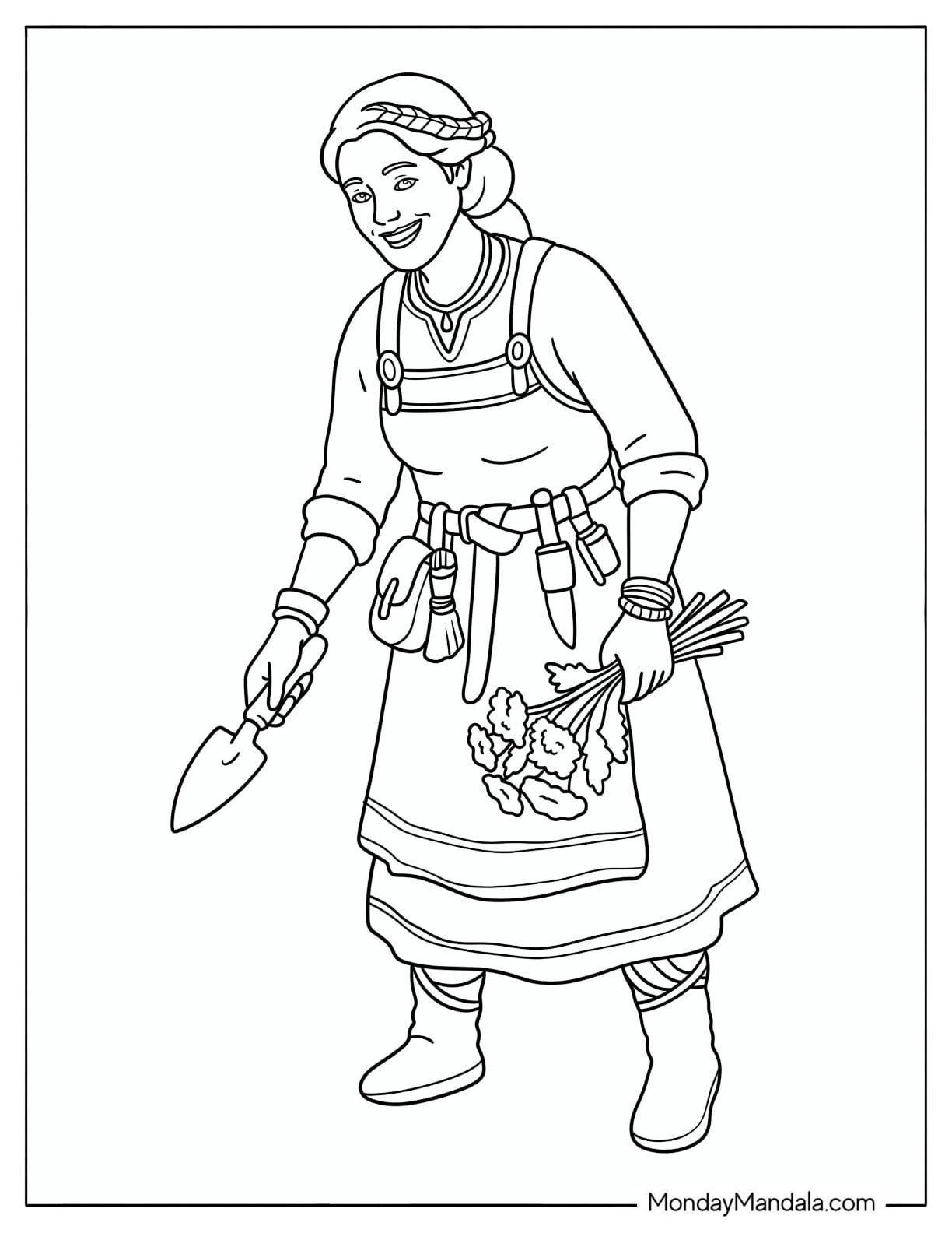 Viking Woman with a Trowel and Flowers Coloring Page