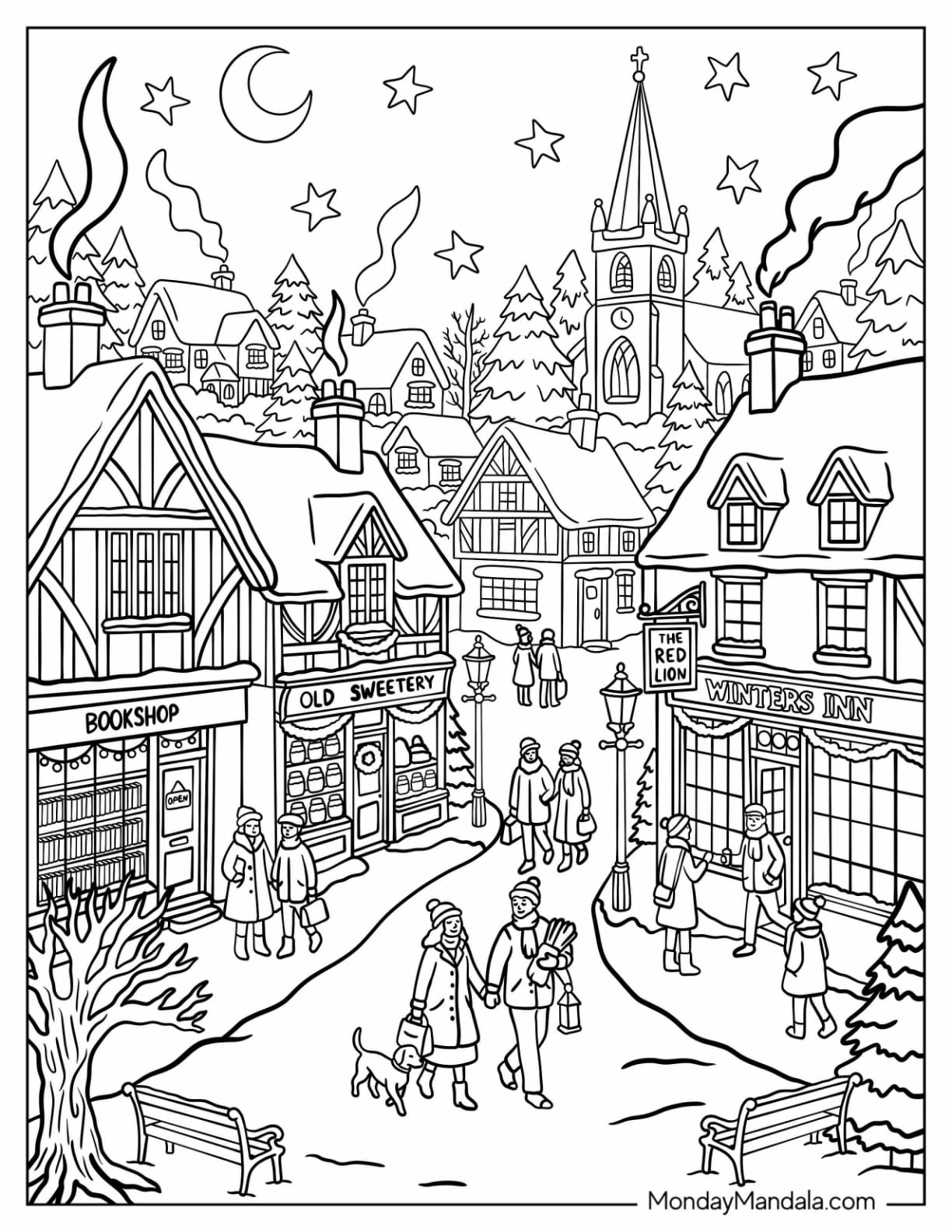 Village with Snowy Shops, Church, and Holiday Shoppers Christmas for Adults Coloring Page