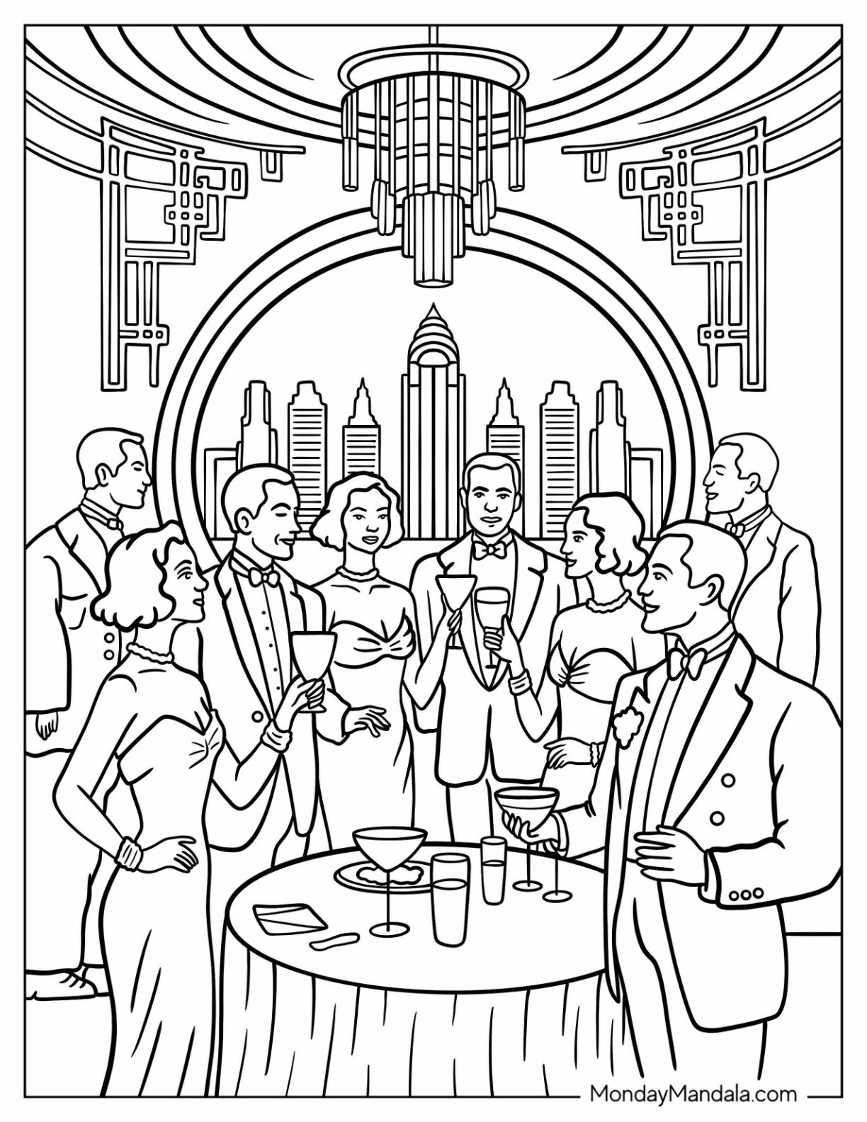 Vintage Coloring Page of 1920s City Party with Glamorous Guests and Skyline View
