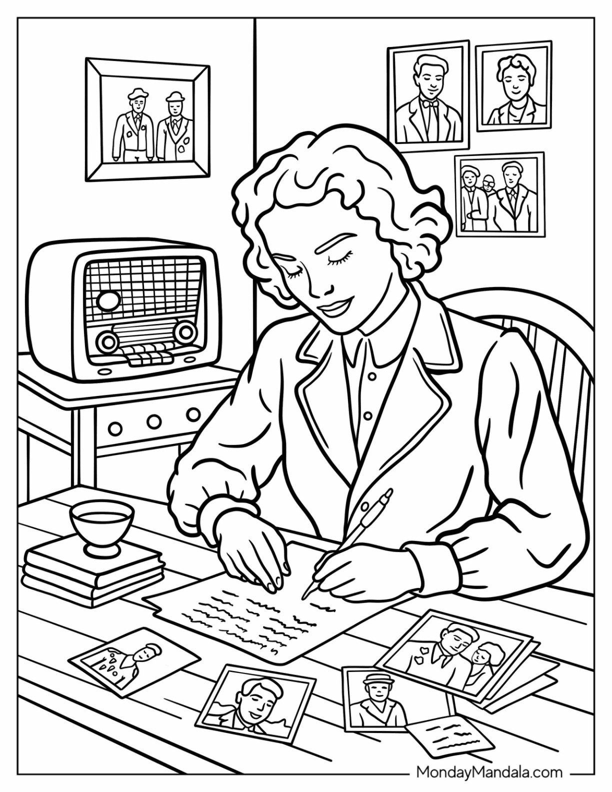 Vintage Coloring Page of 1940s Woman Writing Letter Beside Family Photos and Radio