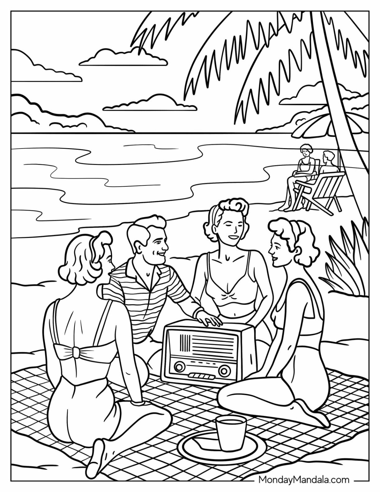Vintage Coloring Page of Beach Picnic with Friends Listening to Radio by the Ocean