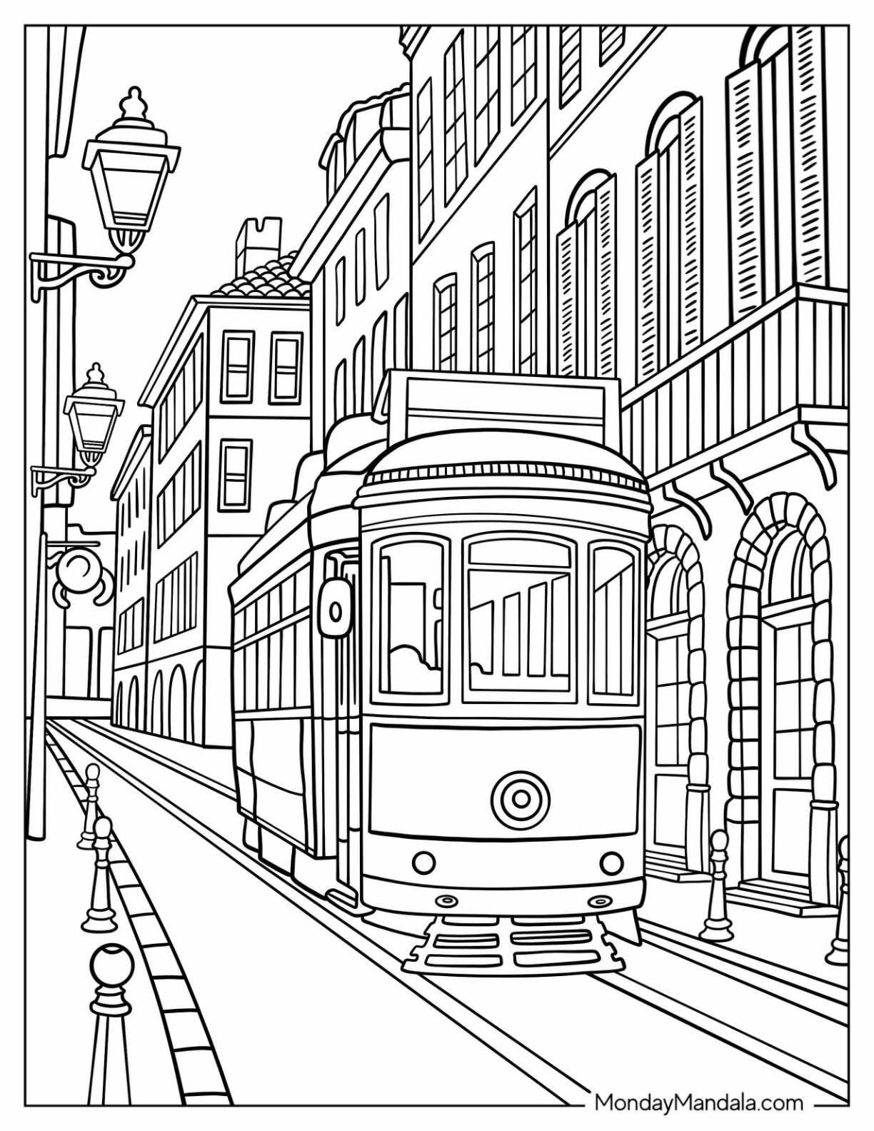 Train Coloring Page of Vintage City Streetcar in a European Town