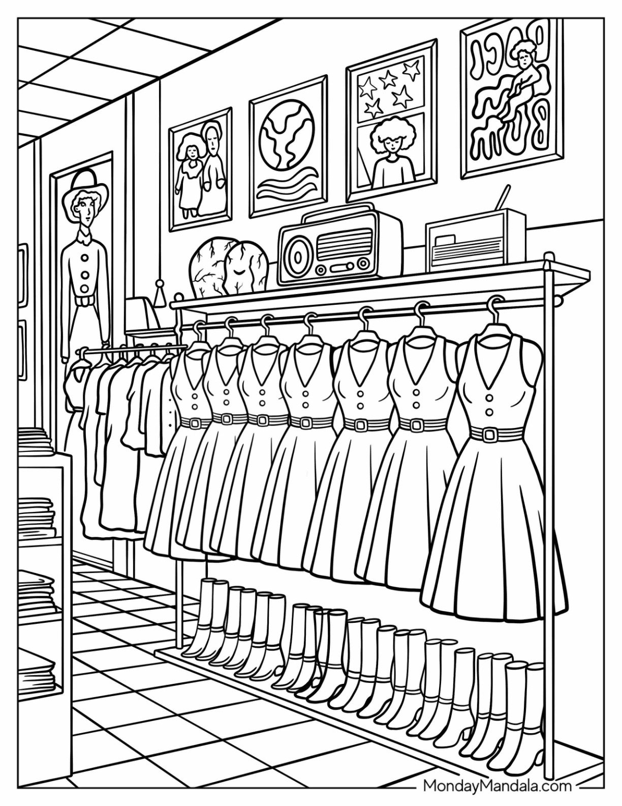 Vintage Dress Shop with 1950s Dresses, Boots, and Retro Decor Coloring Sheet