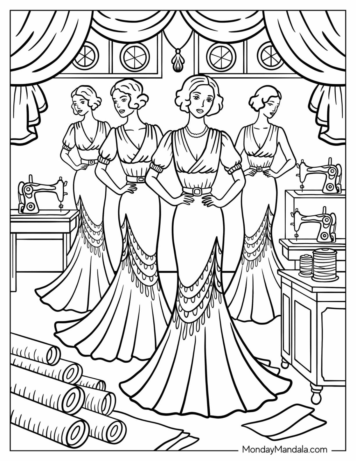 Vintage Dressmaker’s Studio with Women Modeling Elegant Gowns Coloring Sheet