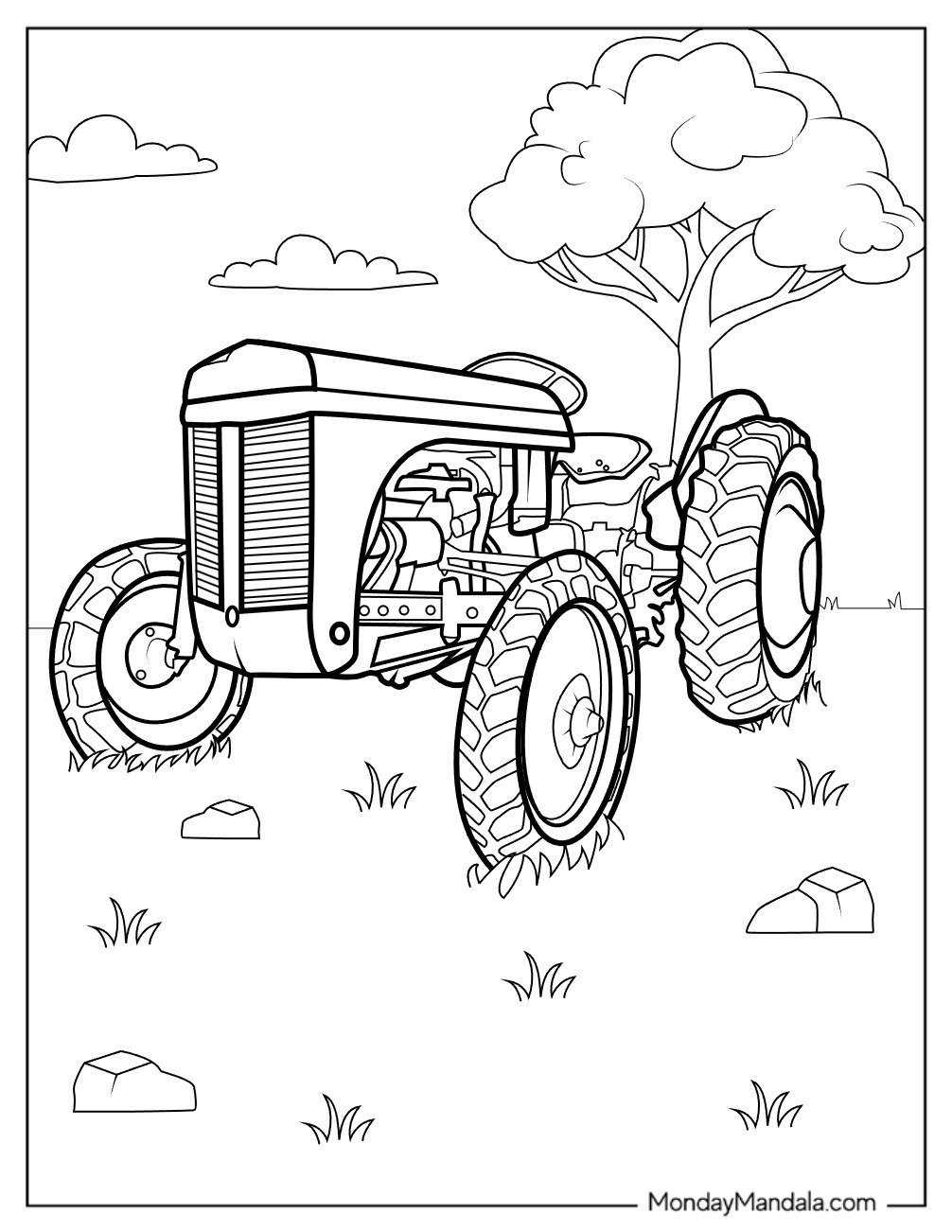 Vintage Farm Tractor Coloring Page in Grassy Field