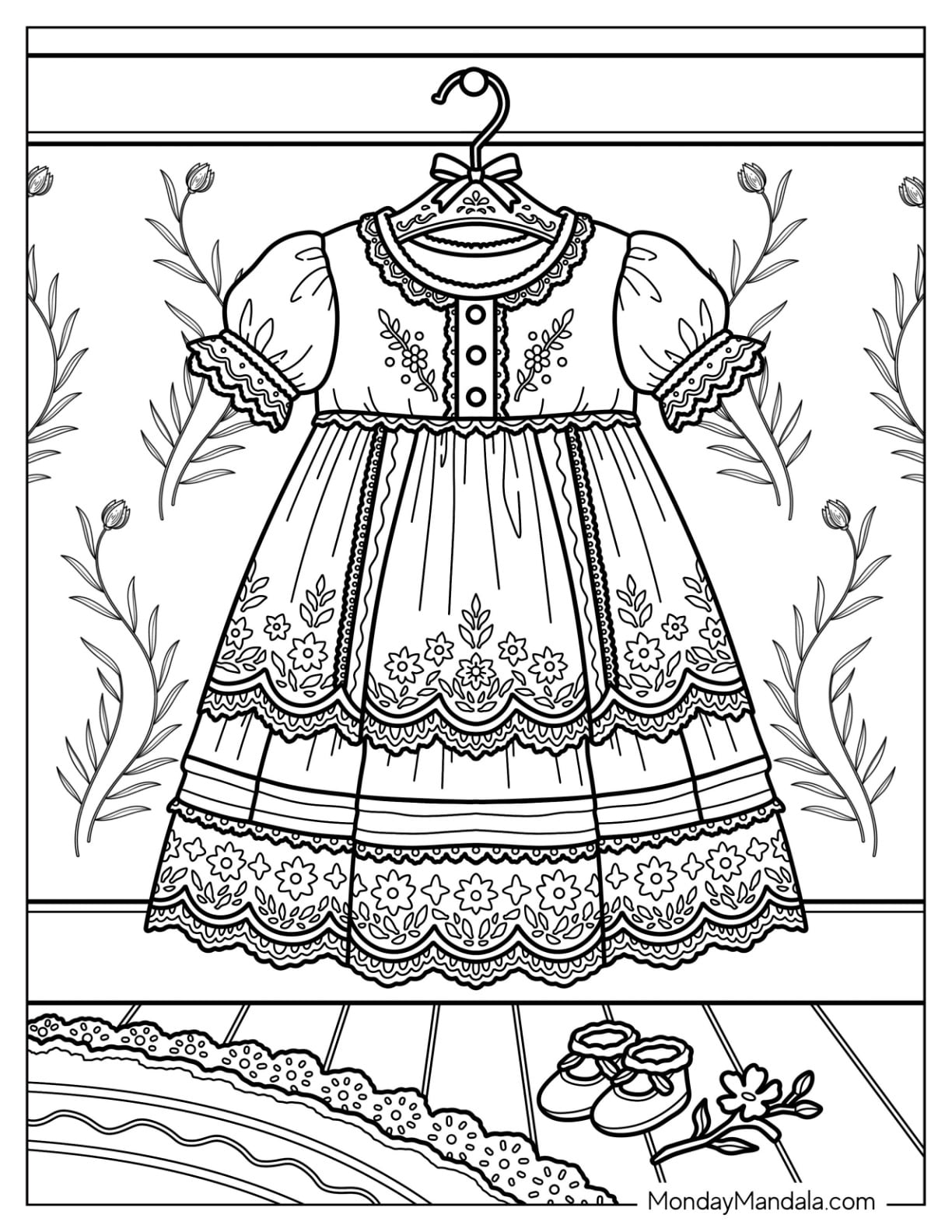 Vintage Floral Dress with Lace Trim and Matching Shoes Coloring Sheet