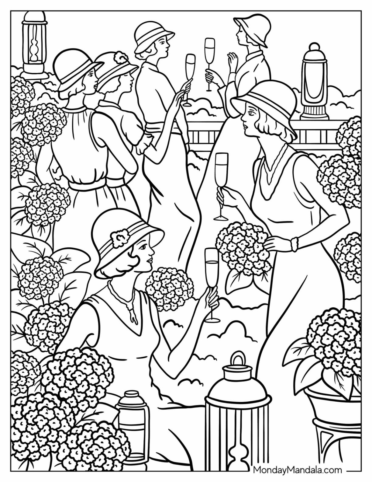 Vintage Coloring Page of Garden Party with Elegant Women and Champagne Toasts