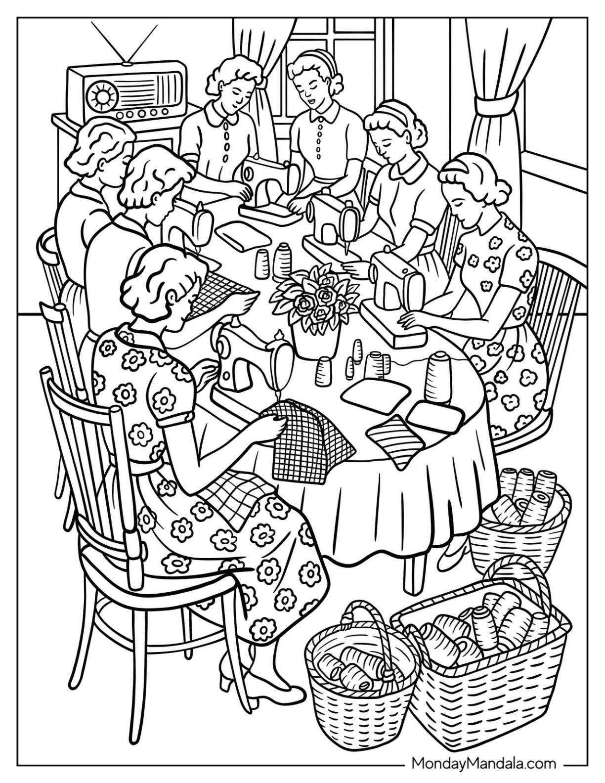 Vintage Coloring Page of Homemakers Crafting Around a Table with Yarn and Fabric