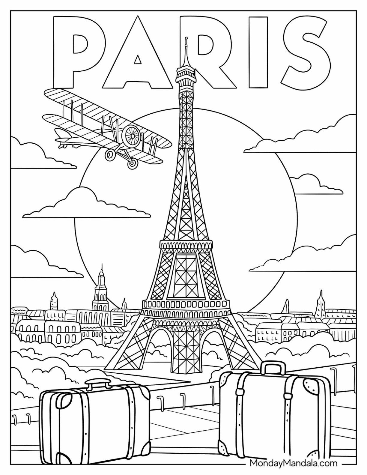 Vintage Coloring Page of Paris Travel Scene with Eiffel Tower, Biplane, and Suitcases