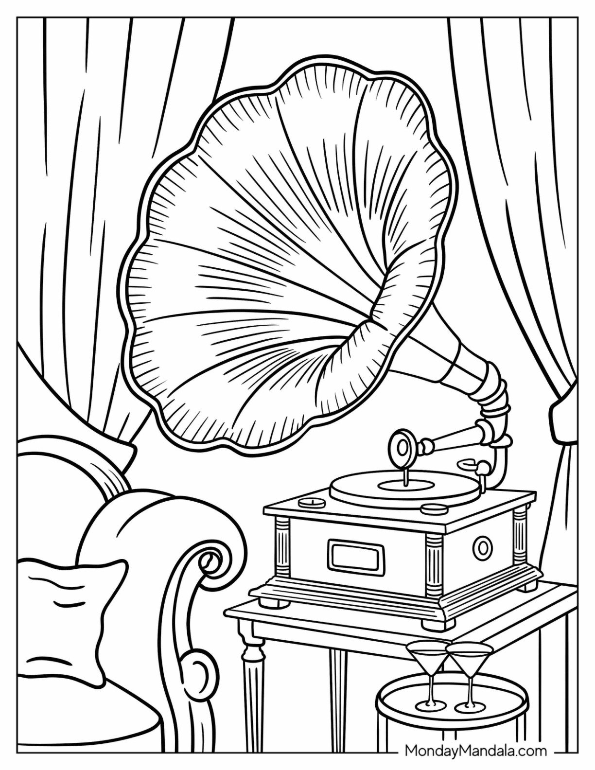 Vintage Coloring Page of Phonograph in Elegant Parlor