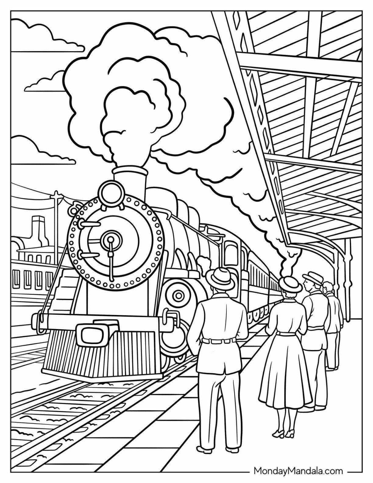 Vintage Coloring Page of Steam Train at Railway Station with Passengers Waiting on the Platform