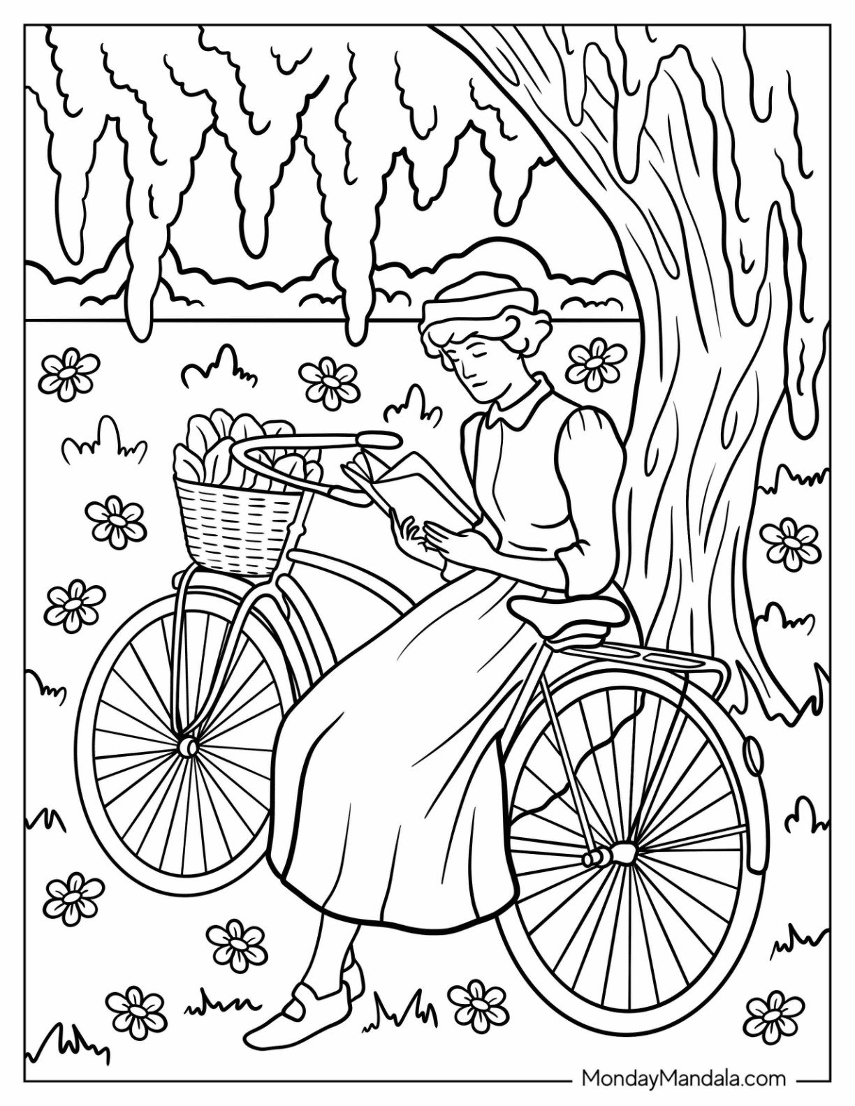 Vintage Coloring Page of Woman Reading Beside Bicycle Under Willow Tree