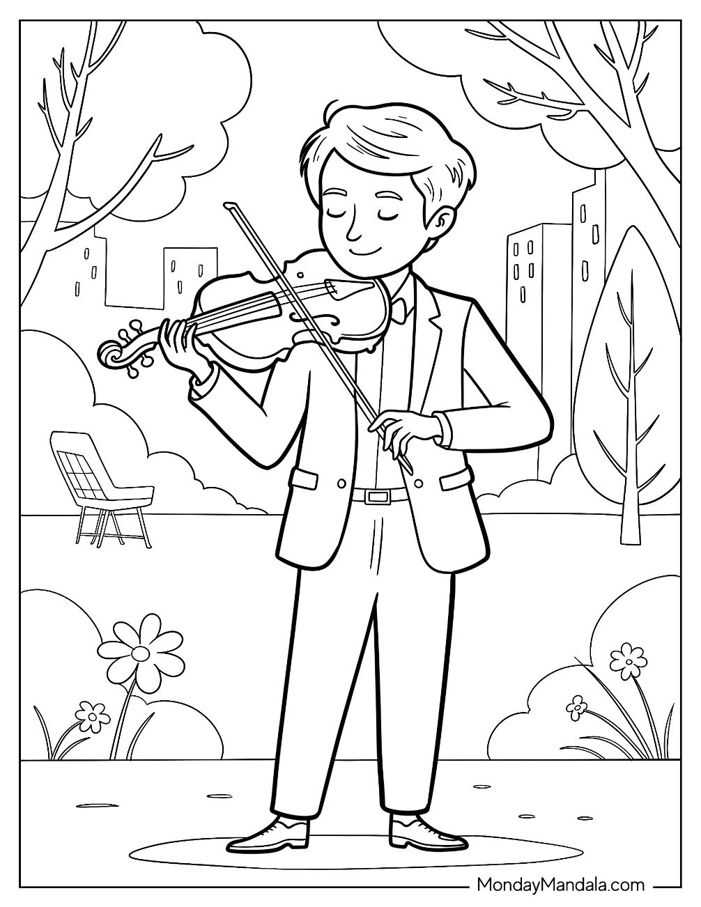 People Coloring Page of Violinist In A City Park For Kids