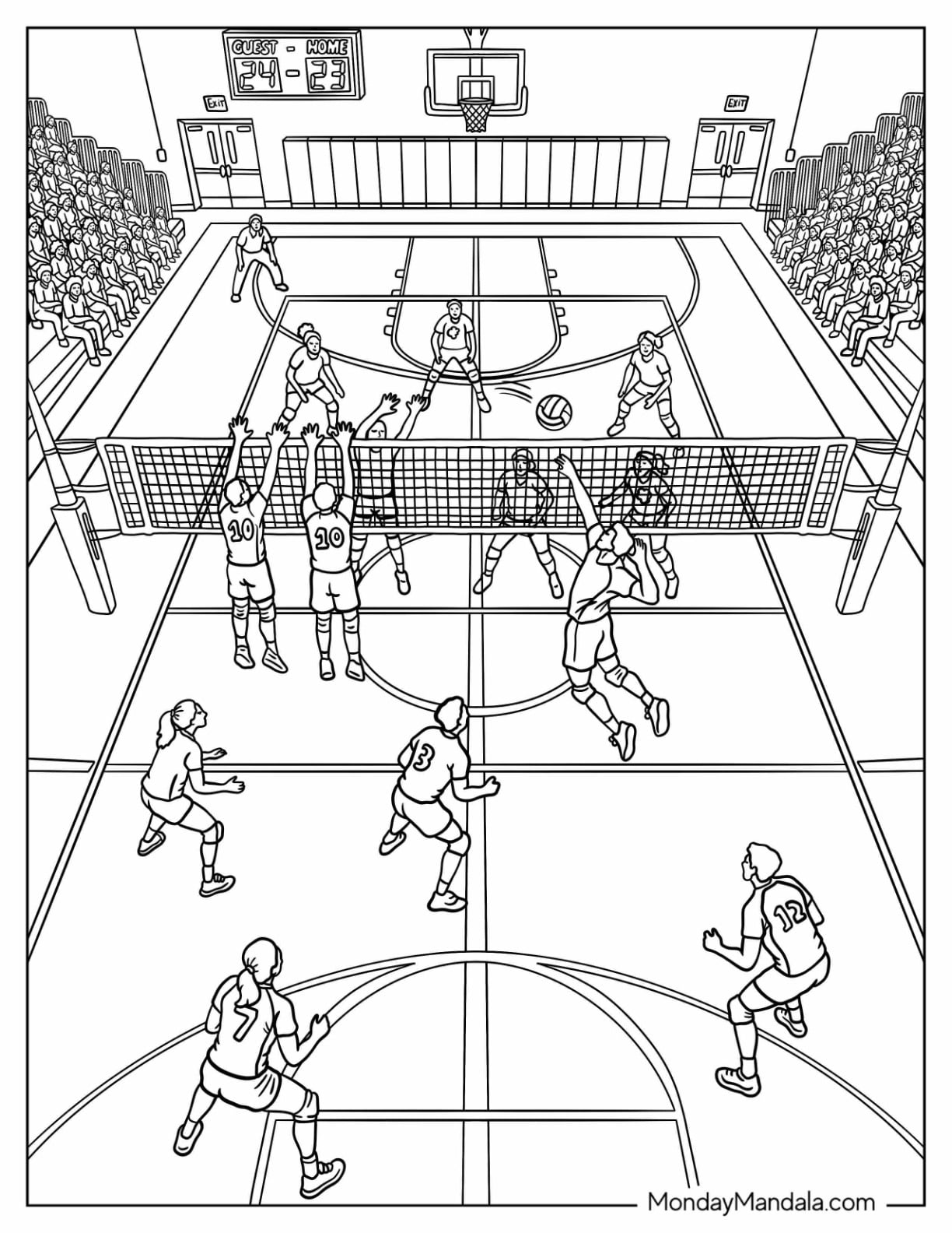 Volleyball Teams Competing in a Stadium Match Coloring Page