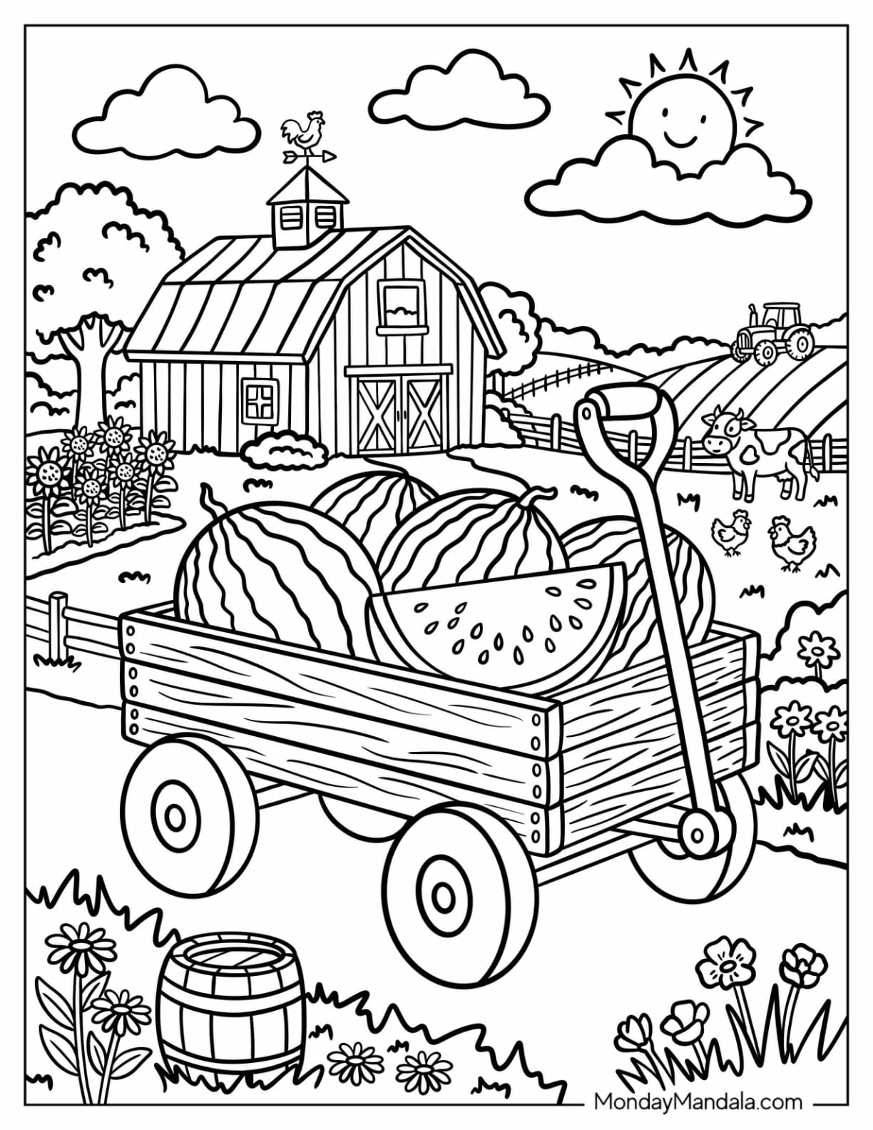 Wagon Filled with Fresh Watermelons on a Farm Coloring Page
