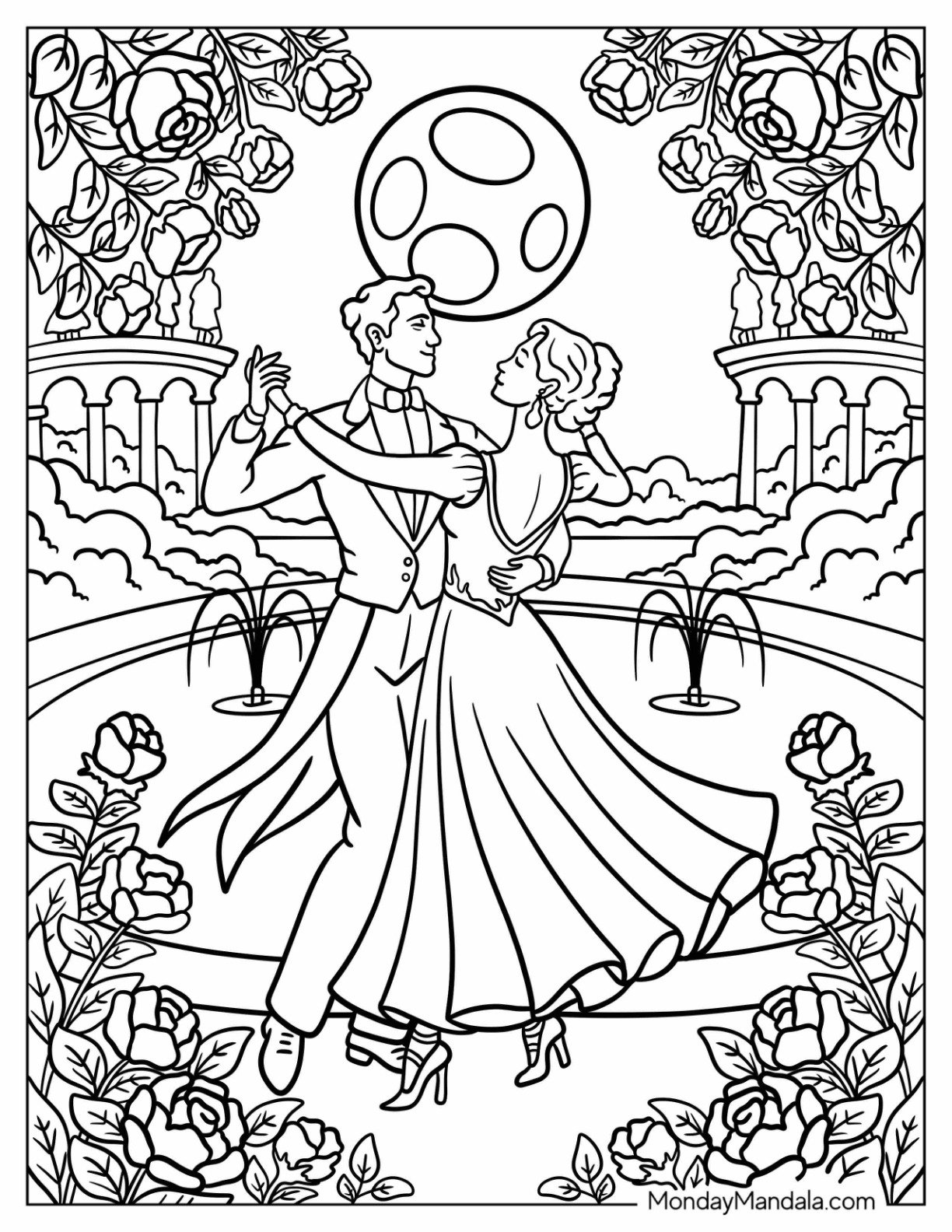 Waltz Dance Couple Performing Under Moonlit Sky in a Rose Garden Dancing Coloring Page
