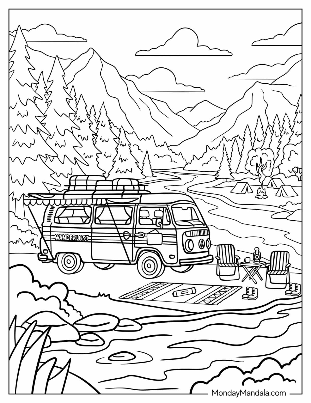“Wanderlust” Camper Van by a Mountain Lake with Picnic Chairs