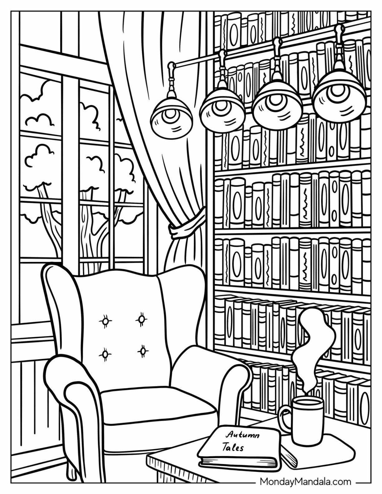 Autumn & Fall Coloring Page of Warm Reading Nook with Bookshelf, Armchair, and Coffee for Adults