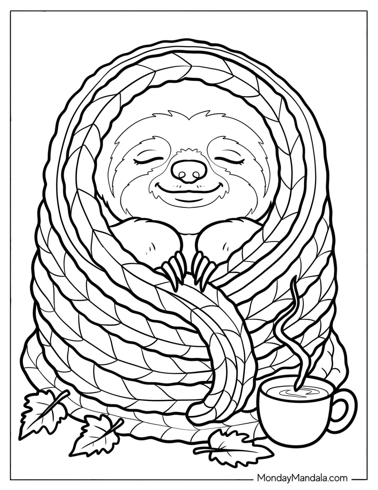 Warm Sloth Coloring Page Wrapped in a Blanket with Hot Coffee