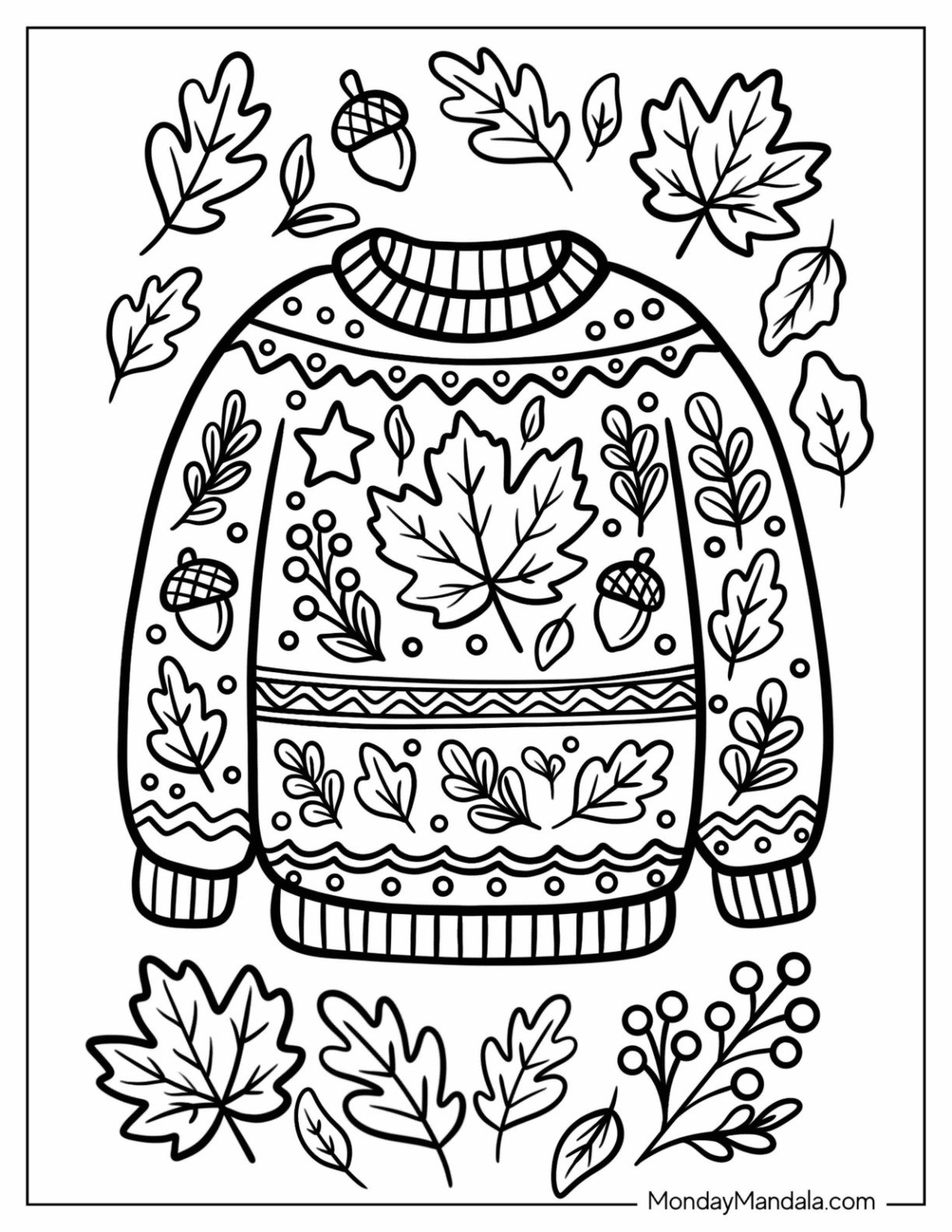 Warm Sweater with Leaves, Acorns, and Fall Patterns Coloring Page