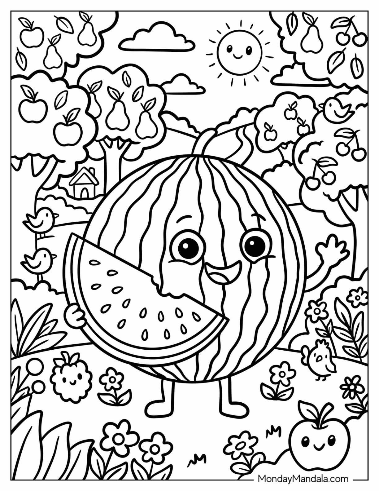Watermelon Holding a Slice in a Sunny Fruit Orchard Coloring Sheet