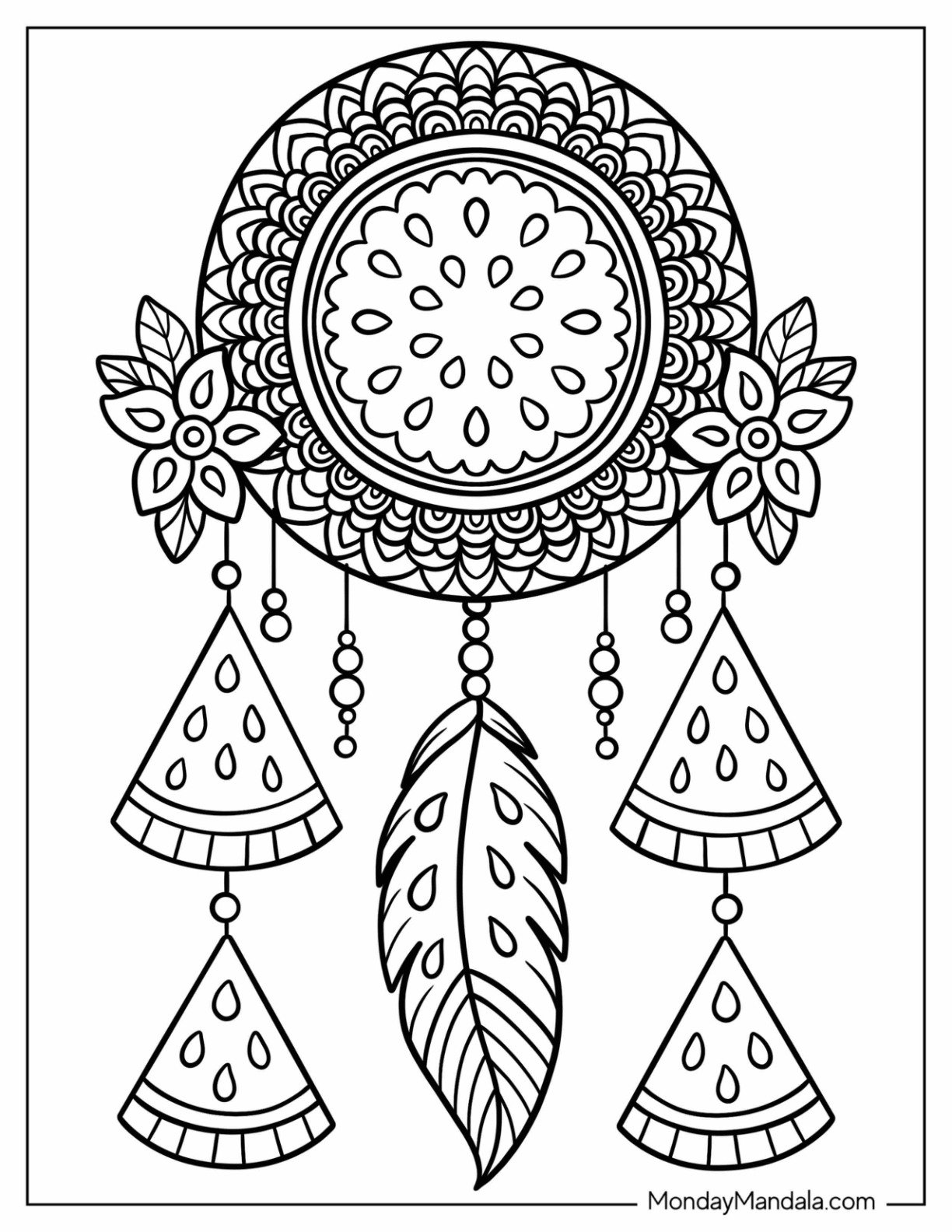 Watermelon Coloring Page Slice Dreamcatcher with Feathers and Flowers