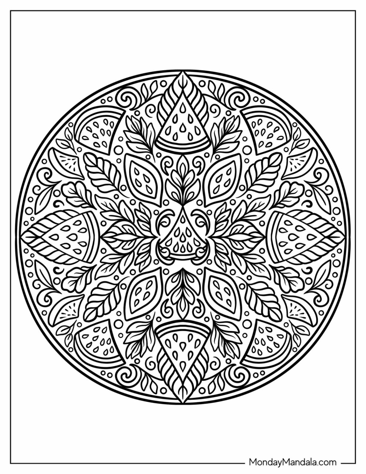 Watermelon Coloring Page Slice Mandala with Floral and Leaf Patterns