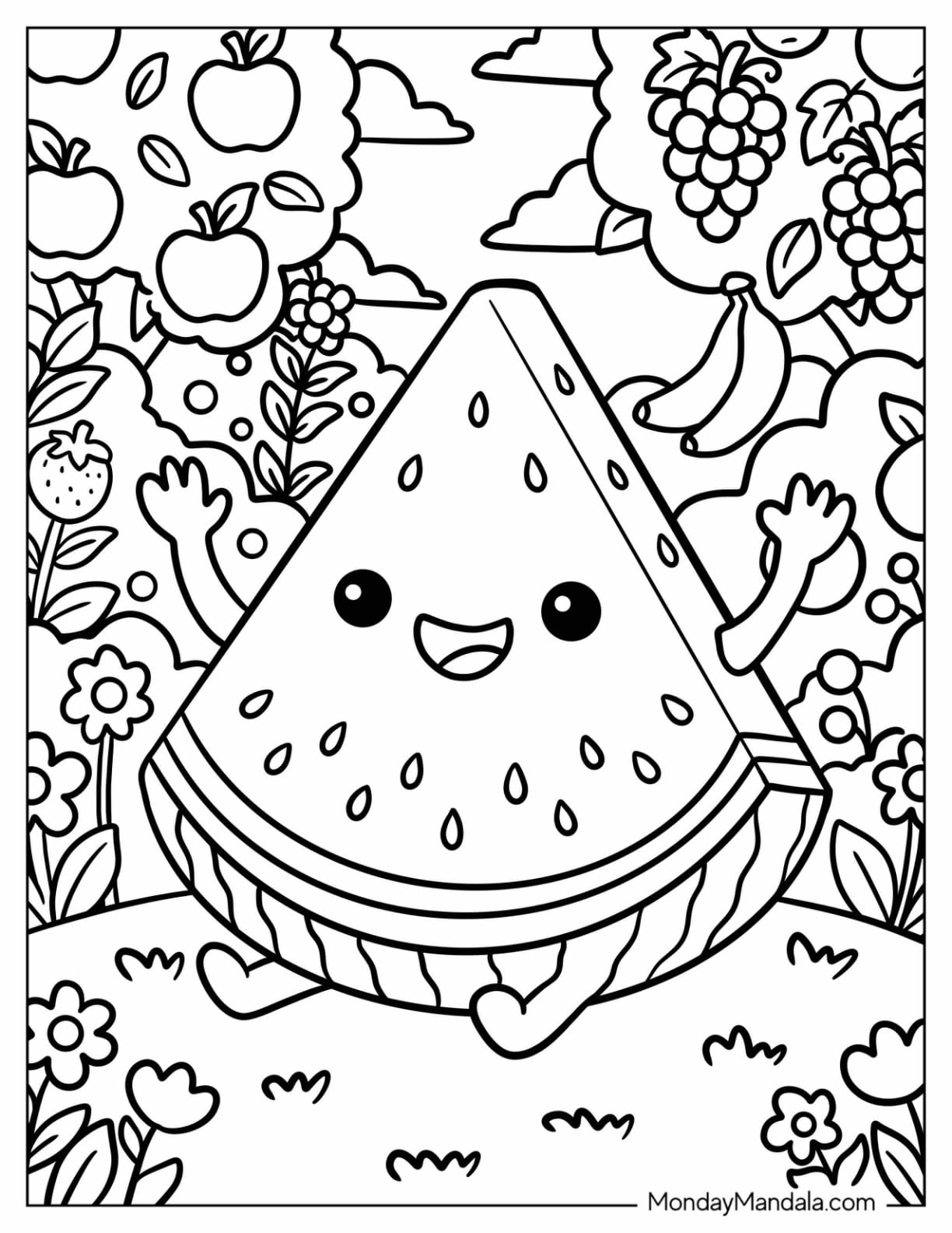 Watermelon Slice Sitting in a Fruit Filled Garden Coloring Page for Kids