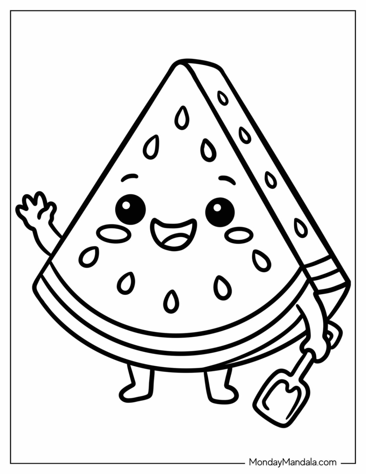 Watermelon Slice Waving and Holding a Garden Shovel Coloring Page for Preschoolers