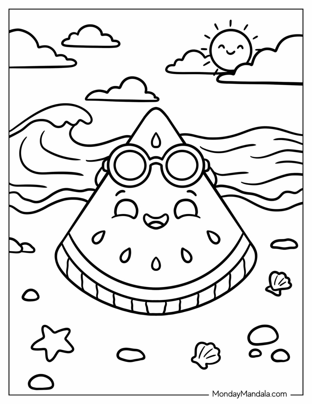 Watermelon Slice Wearing Sunglasses at the Beach Coloring Page for Preschoolers
