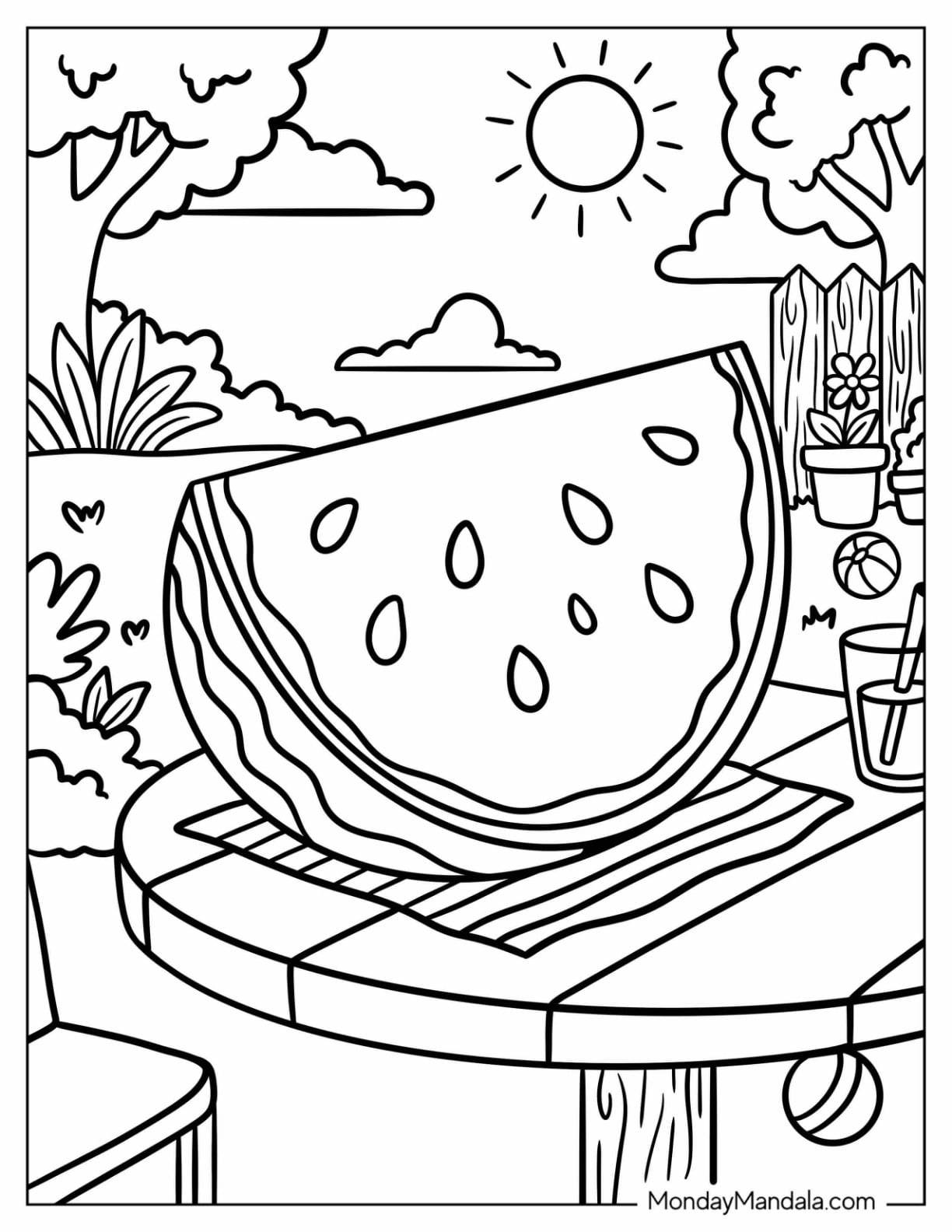 Watermelon Slice on a Garden Table Coloring Page