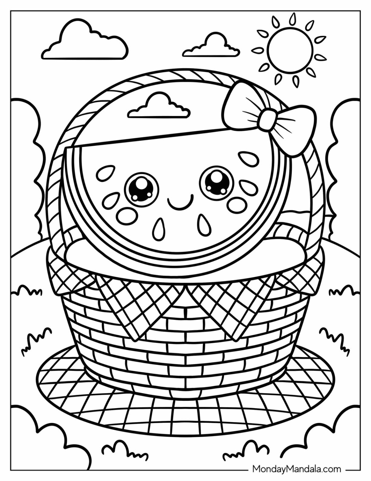 Watermelon Coloring Page Slice with Bow Tucked in a Picnic Basket for Preschoolers
