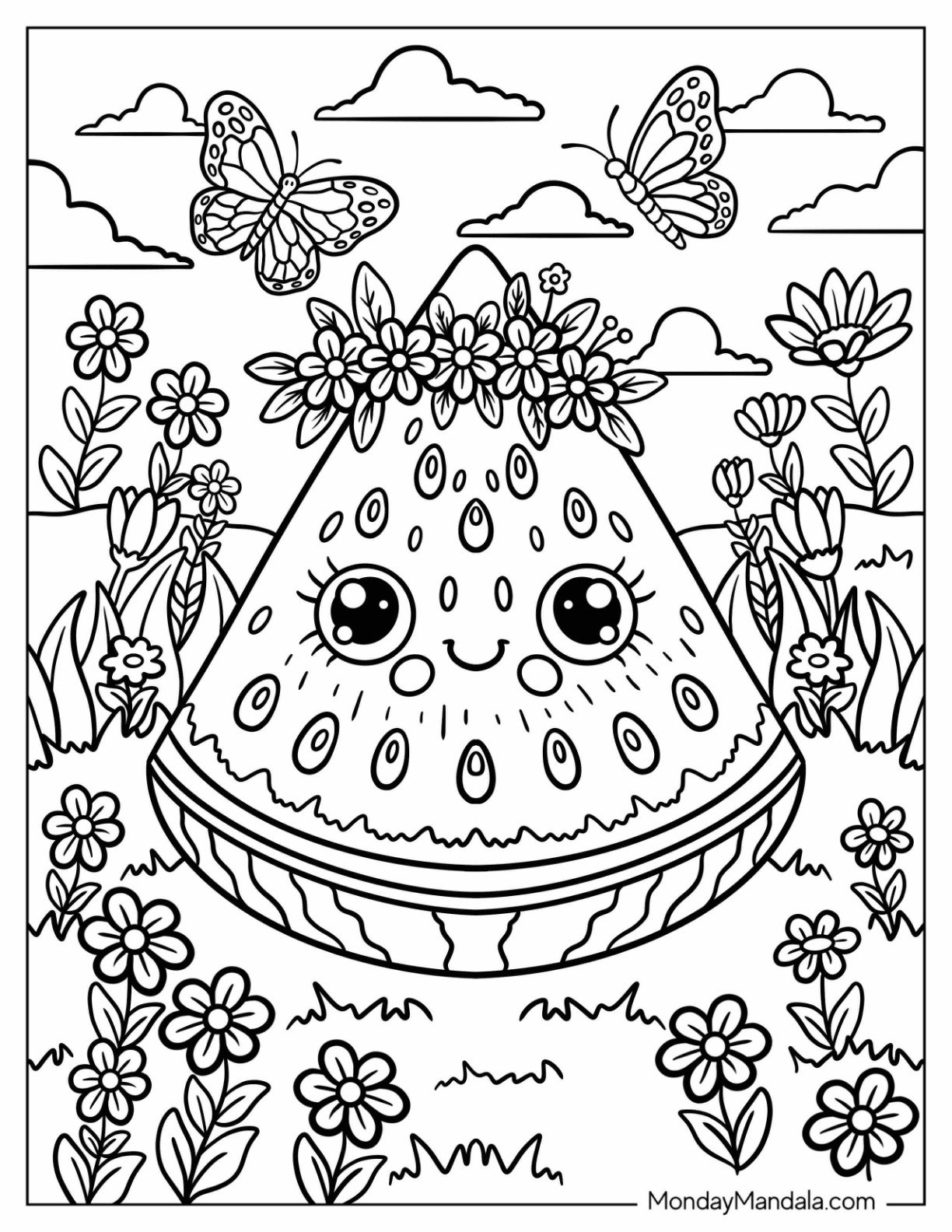 Watermelon Coloring Page Slice with Flower Crown in a Butterfly Meadow