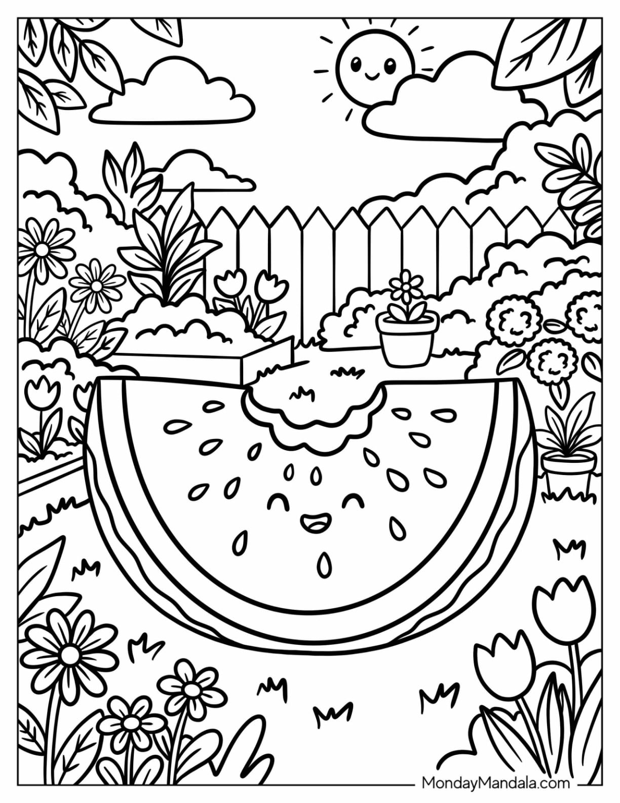 Watermelon Slice with a Bite Missing in a Flower Garden Coloring Page