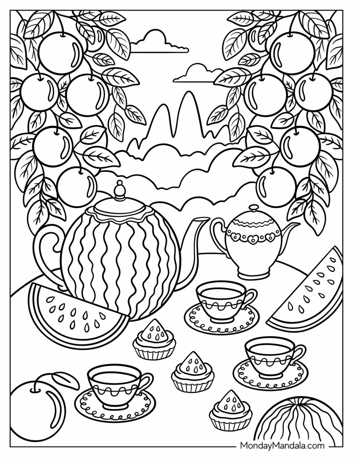 Watermelon Coloring Page Tea Party Under the Orchard Canopy