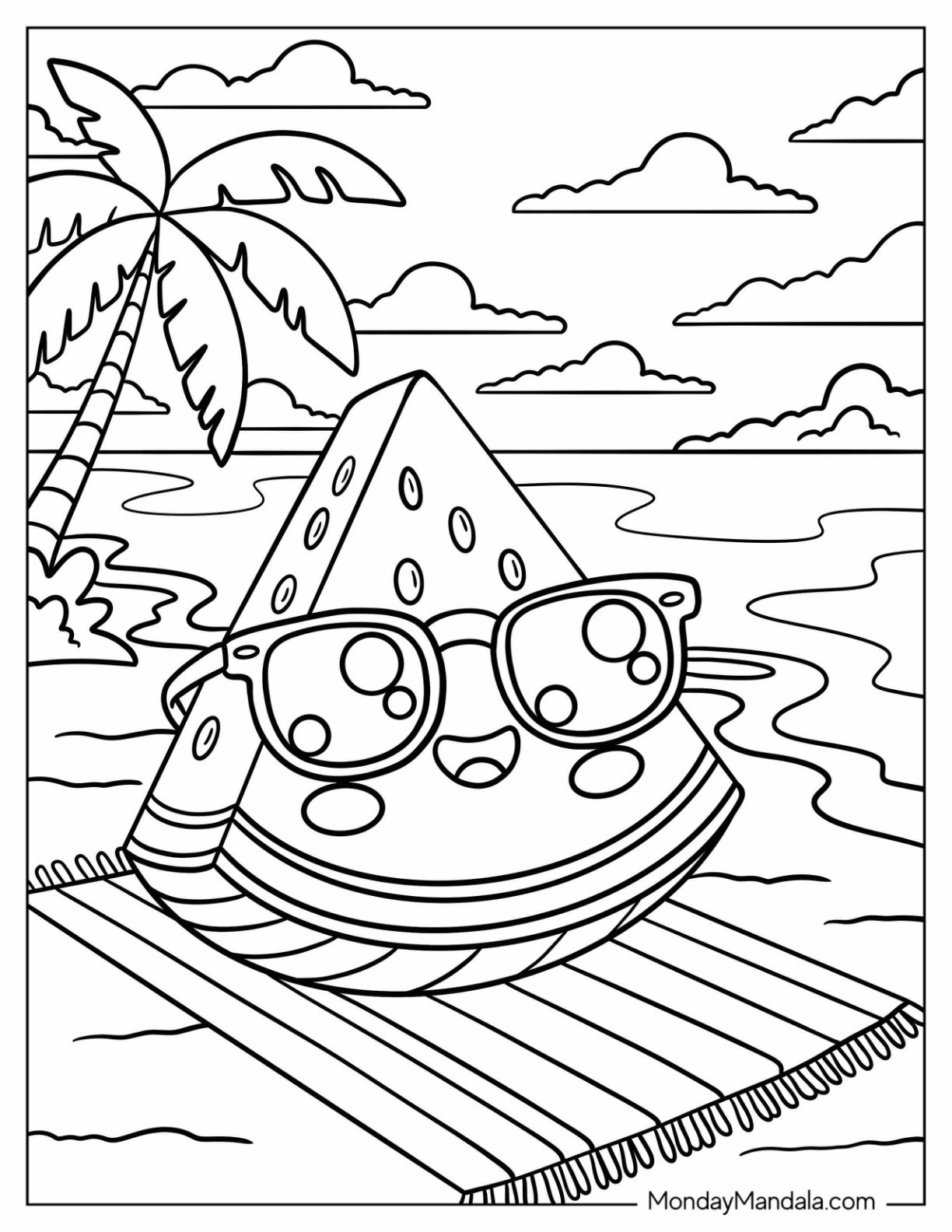 Watermelon Coloring Page Wearing Sunglasses Under a Palm Tree by the Sea