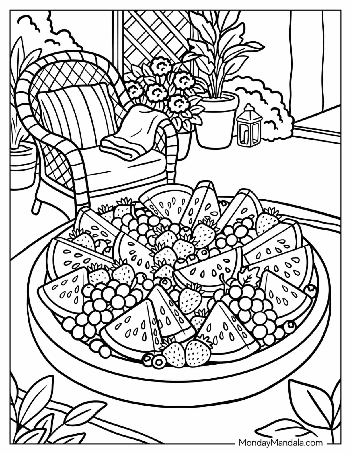 Watermelon and Mixed Fruit Platter on a Patio Table