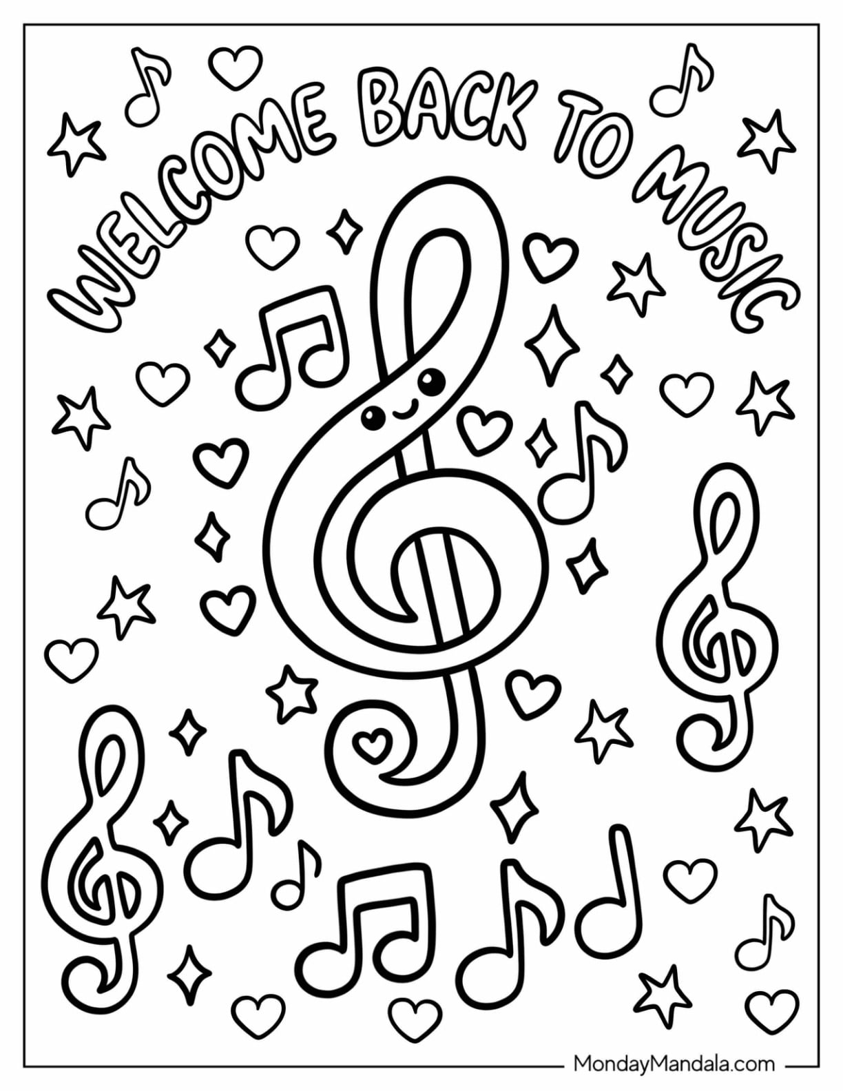 Welcome Back to Music with Musical Notes and Treble Clefs Coloring Sheet