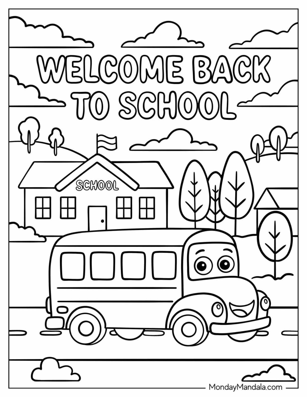 Welcome Back to School Bus with Schoolhouse Coloring Sheet