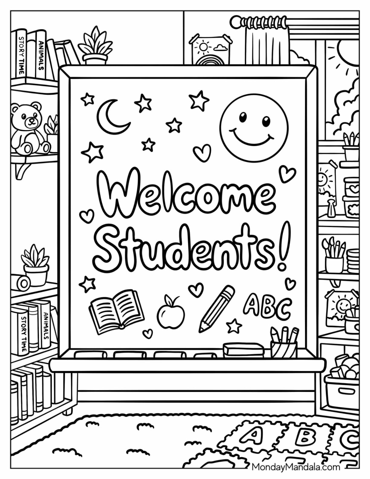 Welcome Back to School Classroom Sign with Books, Pencil, and Apple
