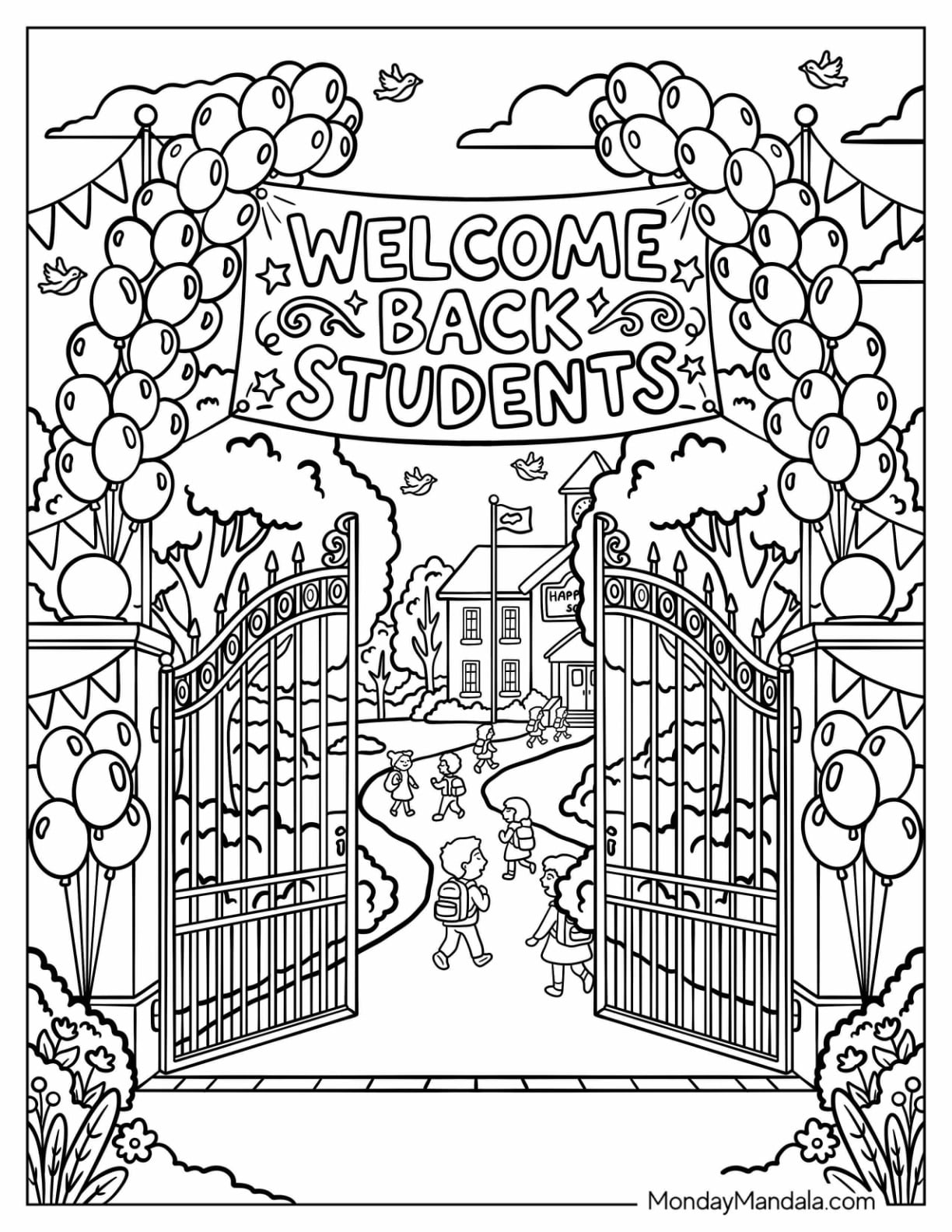 Welcome Back to School Entrance with Balloons and Schoolyard Coloring Page