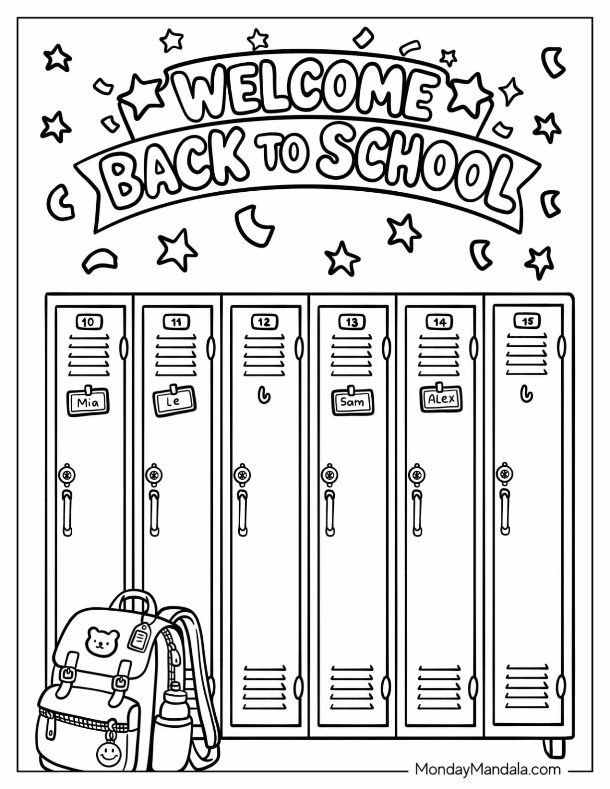Welcome Back to School Lockers with Backpack Coloring Page